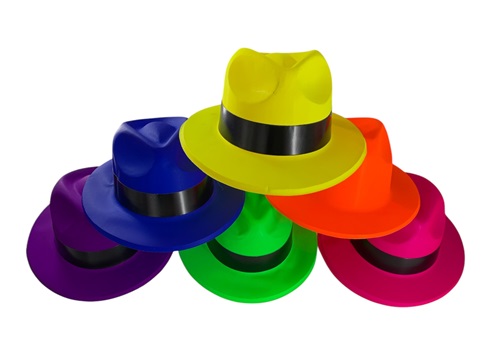 SOMBRERO PLASTICO 27*29 CM NEON GANGSTERS CON CINTA NEGRA