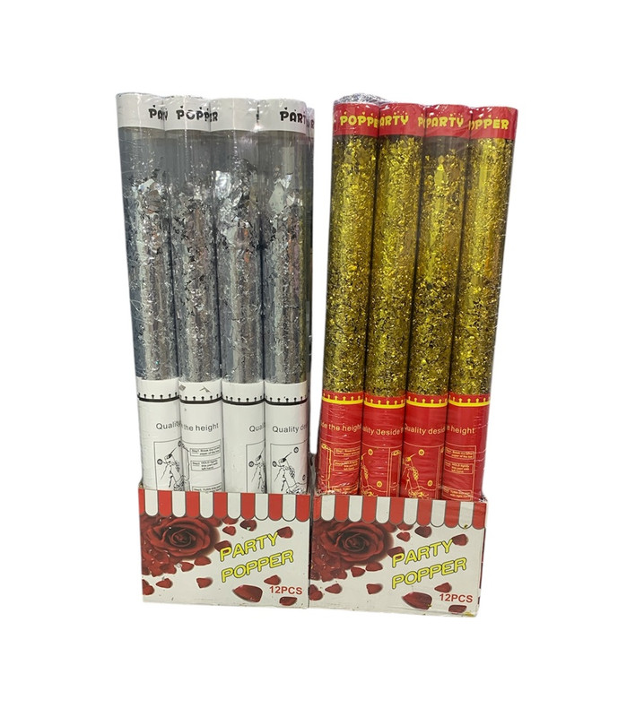 CAÑON DE CONFETI TRANSPARENTE DORADO 58 CM