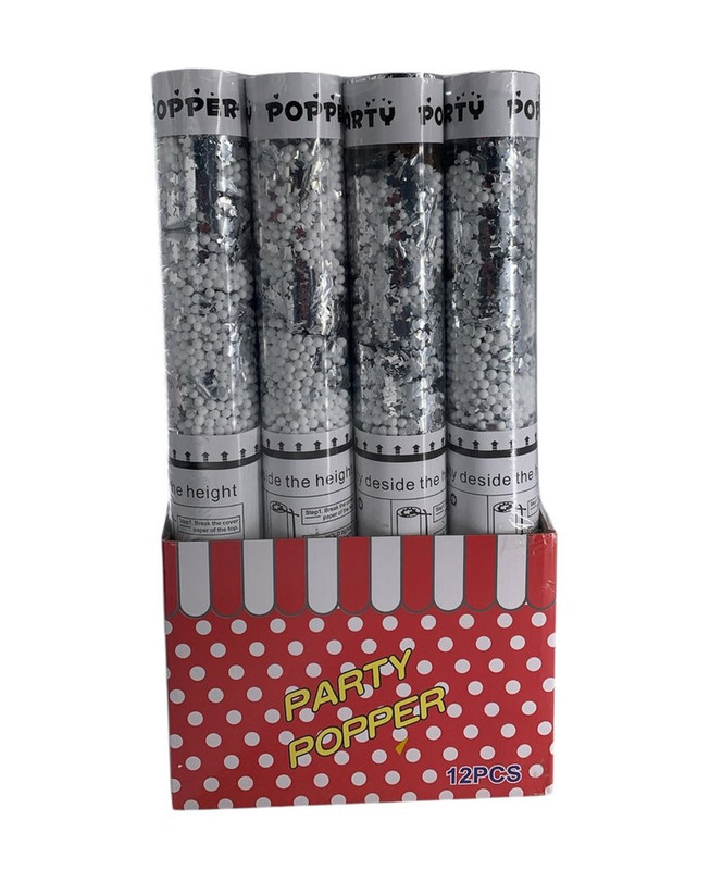 CAÑON DE CONFETI TRANSPARENTE ESFERAS BLANCAS 28 CM