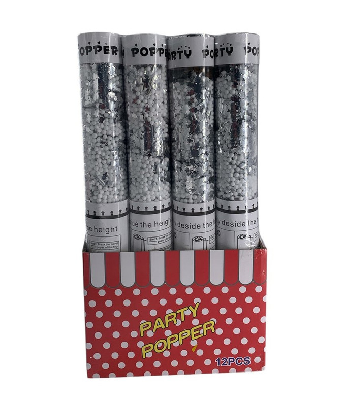 CAÑON DE CONFETI TRANSPARENTE ESFERAS BLANCAS 58 CM