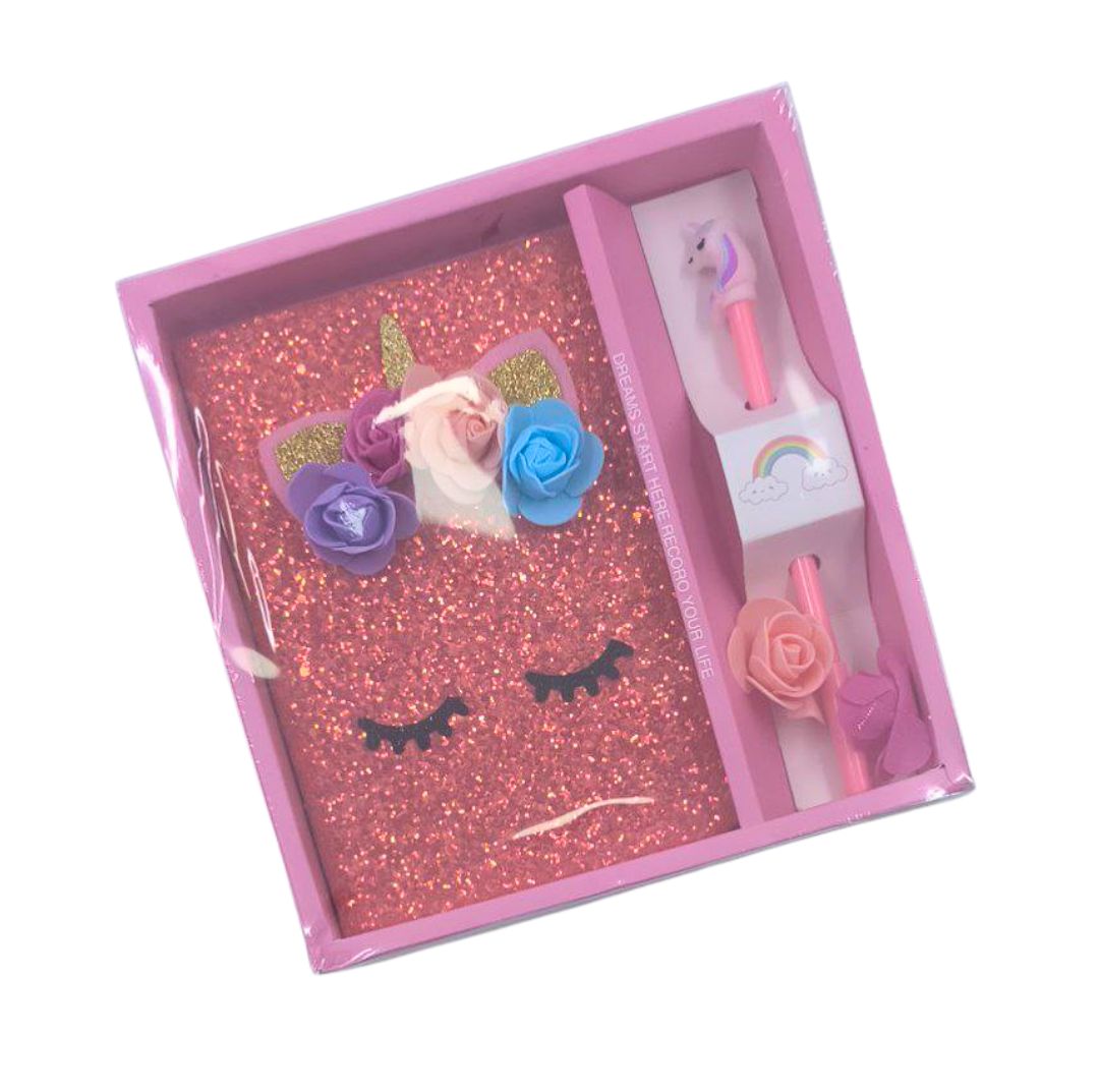 LIBRETA UNICORNIO ESCARCHADO Y BOLIGRAFO 1L/100H