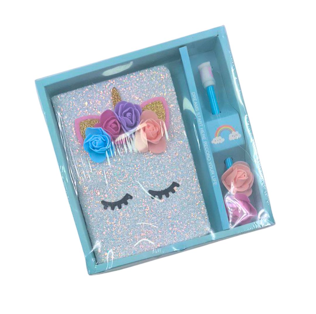 LIBRETA UNICORNIO ESCARCHADO Y BOLIGRAFO 1L/100H