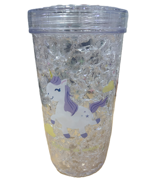 VASO PLASTICO CON TAPA UNICORNIO