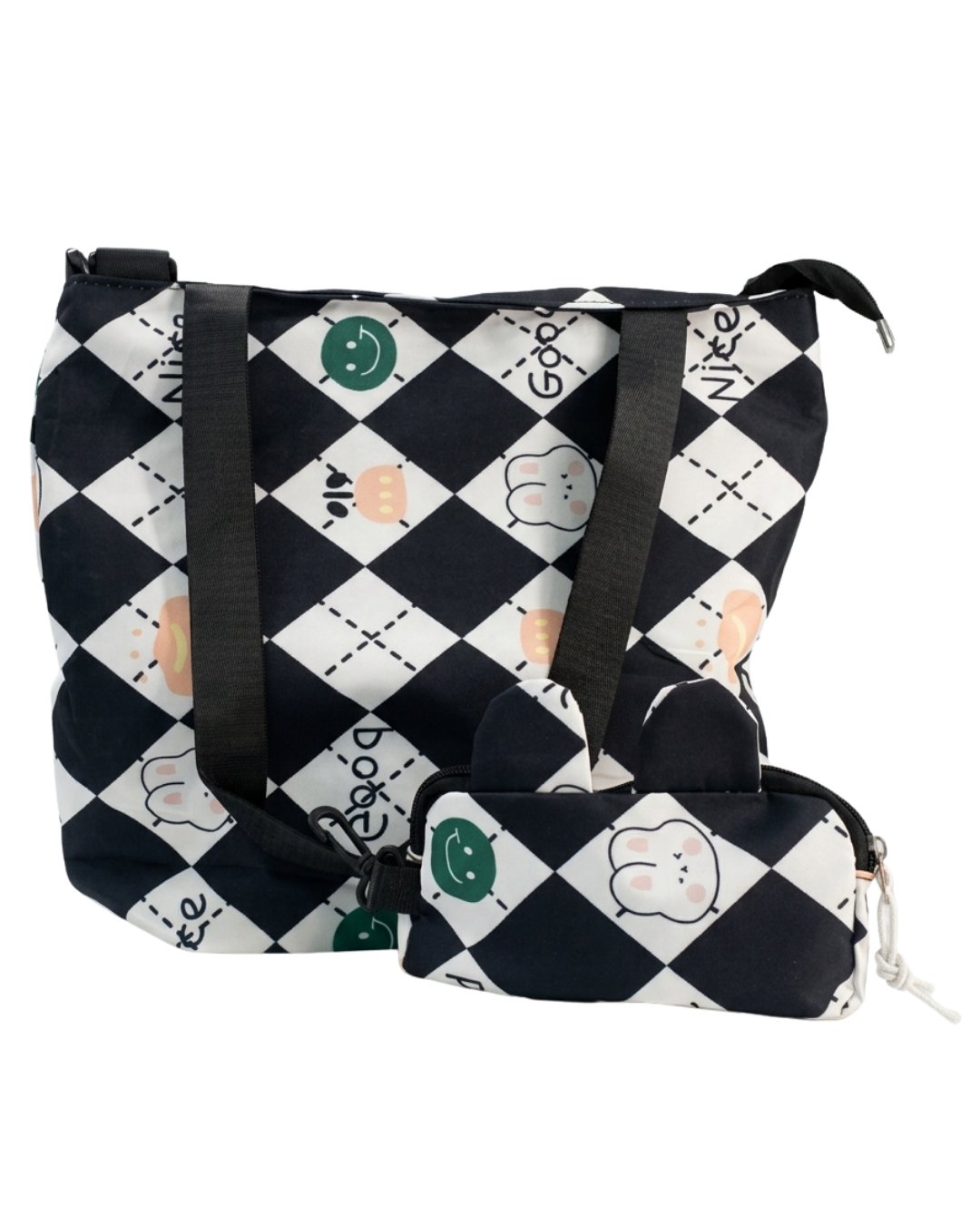BOLSO DE MANO ESTAMPADO CONEJITOS (NEGRO/BLANCO)